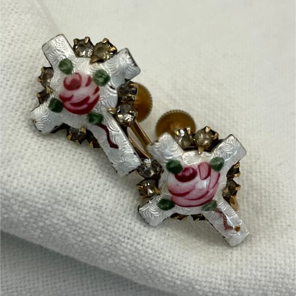 Vintage Gilloche Painted Floral Rose Screw Back Earrings Cross Rhinestones - Picture 5 of 6